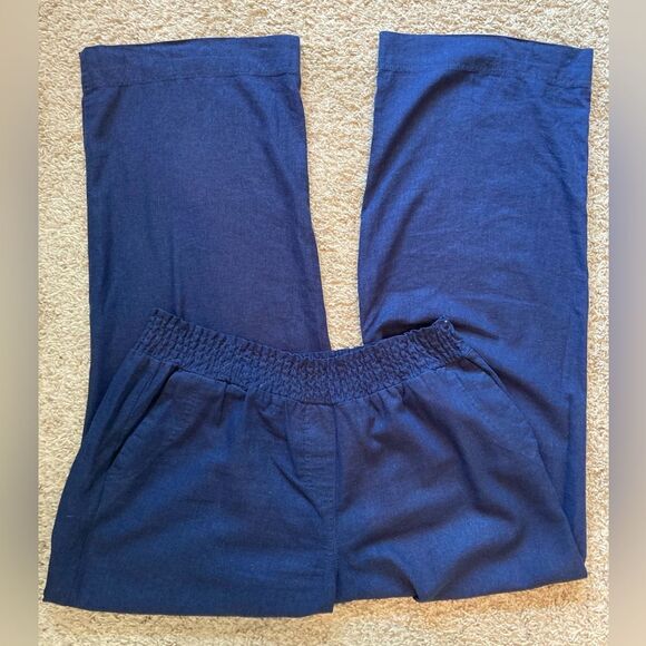 Land ‘ N Sea Navy linen high waist Wide-Leg Pants w/pockets & elastic waist - Picture 4 of 10
